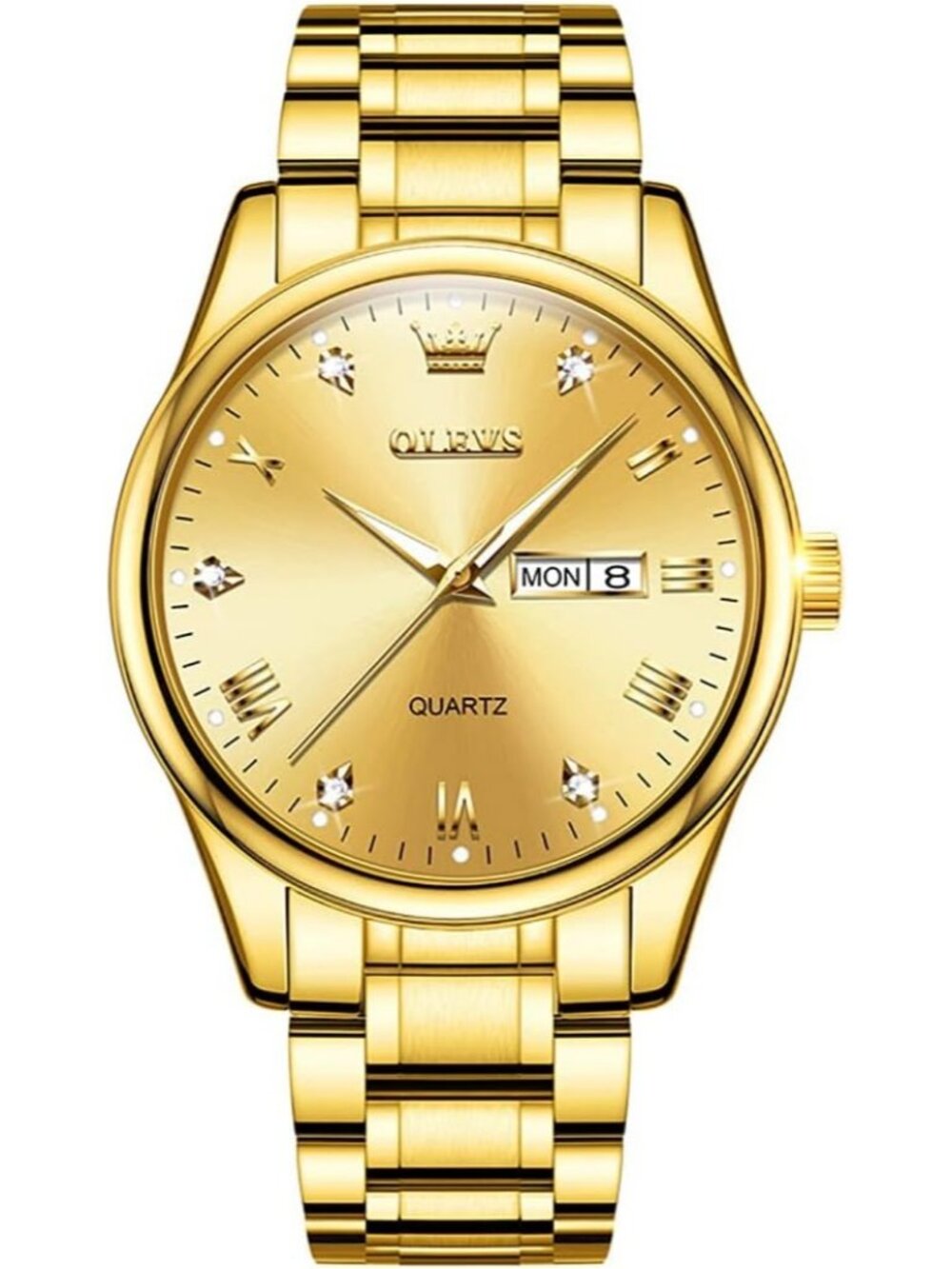 Olevs Mens All Gold Luxury Stainless Steel Big Face Analog Quartz Luminous Watch